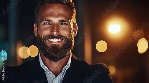 Smiling man with beard at night.