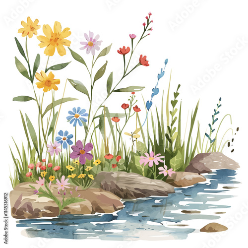 A watercolor vector of spring flowers along a riverbank, isolated on a white background. Spring flowers along a riverbank vector.
