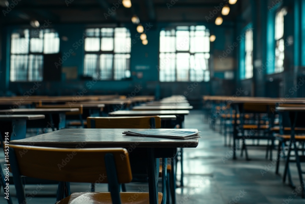 Students prepare for class in an empty classroom with wooden desks and a blue atmosphere during a sunny afternoon Students prepare for class in an empty classroom with wooden desks and a blue atmosphere during a sunny afternoon