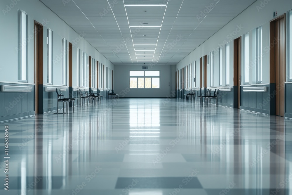 Empty hospital corridor with modern design and natural light during the day Empty hospital corridor with modern design and natural light during the day