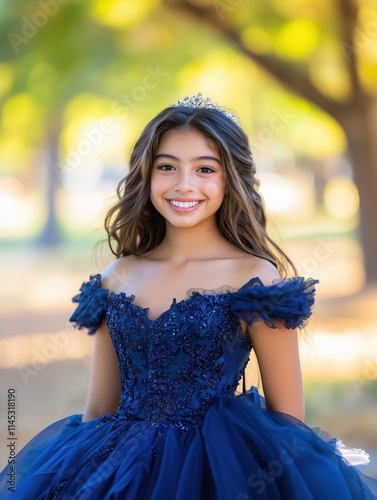 Smiling Hispanic teenage girl posing wearing her quinceanera fancy outfit posing for a formal portrait in a beautiful park