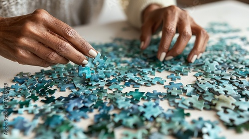 Close-up of hands assembling a blue jigsaw puzzle.