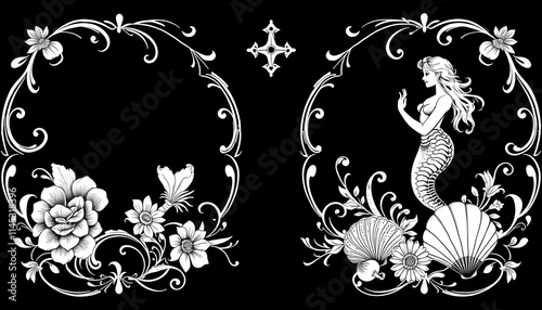 PNG transparent vintage vignettes with floral swirls, mermaid and seashells, antique nautical decorative element as black outline isolated, pop-art, with white tones