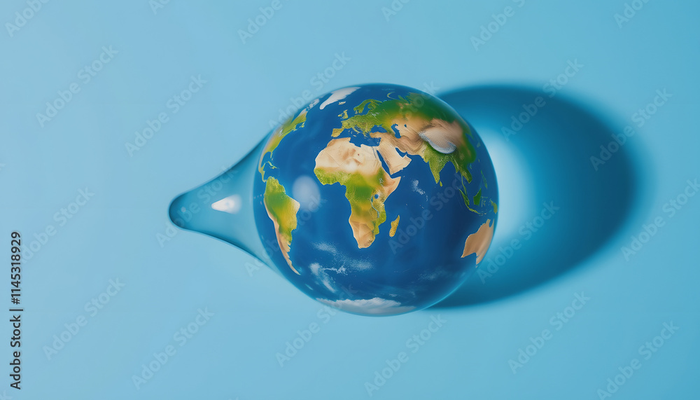 Naklejka premium A drop of water with the continents of the planet Earth symbolically depicted right on it, close-up and on a blue background, with white tones