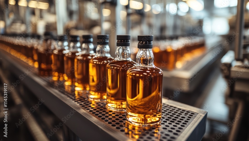 Bottles of Amber Liquid on a Conveyor Belt in a Factory Bottles of Amber Liquid on a Conveyor Belt in a Factory
