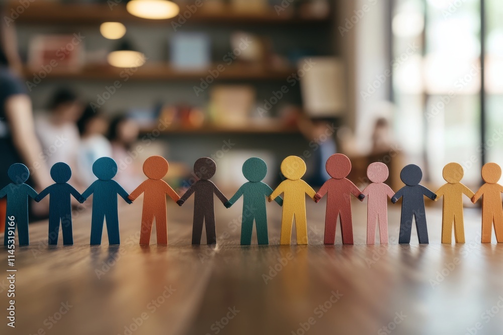 Colorful paper figures holding hands in a creative workspace during a collaborative project Colorful paper figures holding hands in a creative workspace during a collaborative project