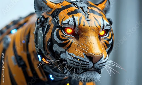 An angled view of a robotic tiger head with glowing orange stripes, sharp metallic fangs, and advanced circuitry details that enhance its futuristic appearance