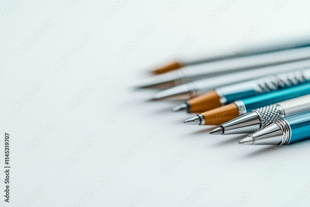 Different colored pens arranged neatly on a white surface, showcasing a variety of writing instruments for artistic purposes Different colored pens arranged neatly on a white surface, showcasing a variety of writing instruments for artistic purposes