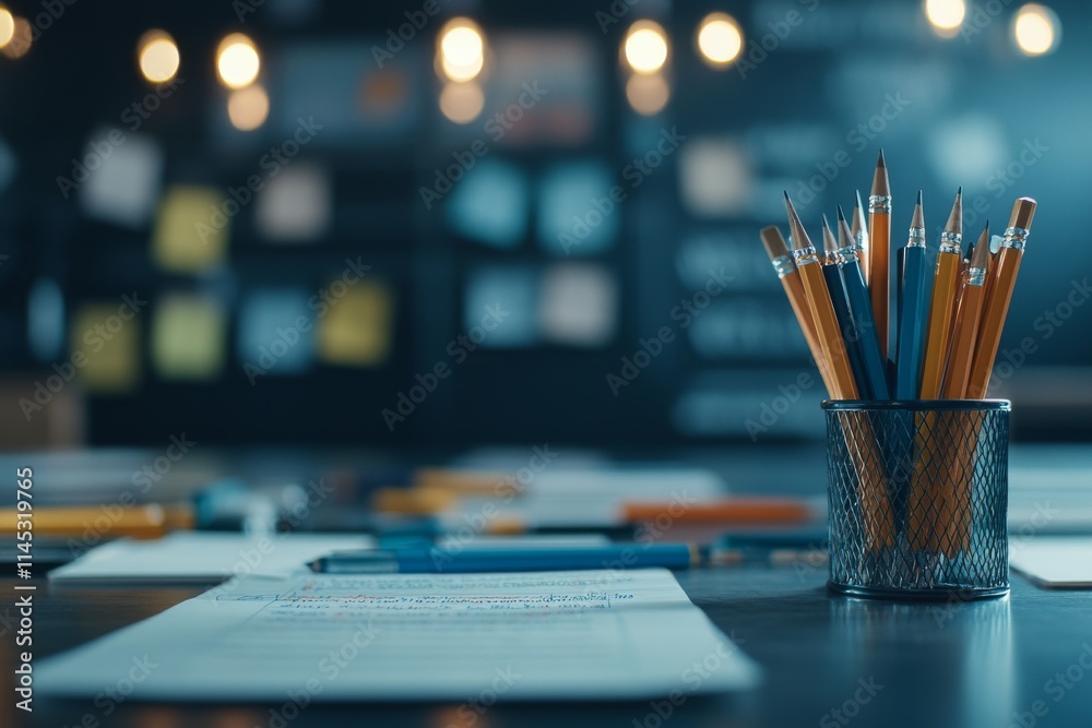 Study space filled with pencils, papers, and vibrant notes for productive learning in a cozy atmosphere Study space filled with pencils, papers, and vibrant notes for productive learning in a cozy atmosphere