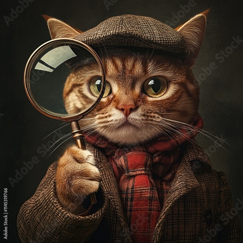 A curious cat detective investigates with a magnifying glass. photo