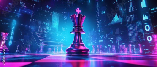 A digital chessboard with one black king piece in the center, surrounded by glowing blue data streams representing artificial intelligence