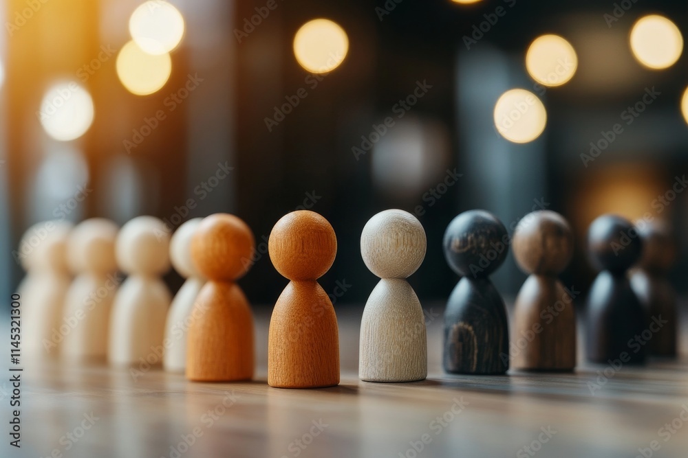 Wooden figures arranged in a row with soft lighting creating a warm atmosphere in a cozy setting Wooden figures arranged in a row with soft lighting creating a warm atmosphere in a cozy setting