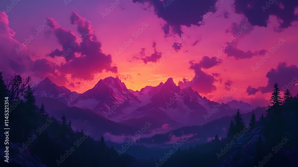 Obraz premium A panoramic scene of a mountain landscape at sunset, with the sky turning shades of lavender and coral, while the silhouette of alpine peaks stands bold against the vibrant backdrop 