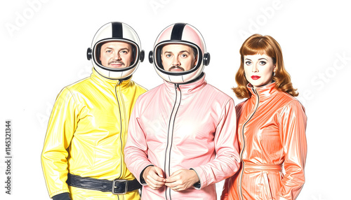 Retro photo of three people in cheap plastic futuristic costumes. Vintage science fiction television show or movie actors created with, crayon drawing, with white tones