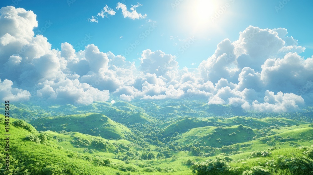 Fototapeta premium Rolling Green Hills Under a Fluffy Sky