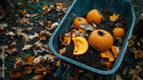 Filling a wheelbarrow with decomposing pumpkin parts soil and dried leaves showcases a fun composting project in a backyard garden ideal for nutrient-rich enrichment of the soil photo