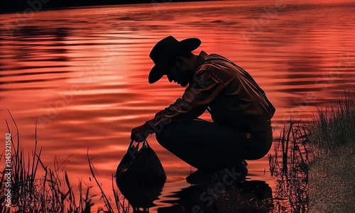 A close-up silhouette of the fisherman wearing cowboy cap kneeling near the bag, his hand hesitating to open it. The faint red glow of the sunrise reflects on the river’s surface, adding tension
