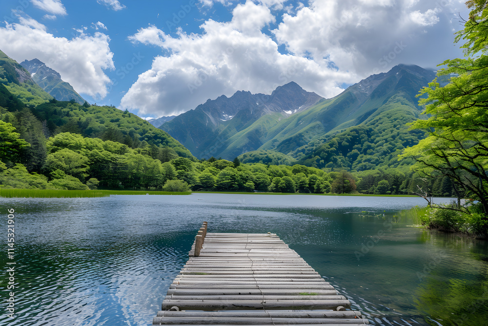 Serene Lakeside View with Green Trees, Towering Mountains, and Wooden Pier Perfect for Tranquil Escape Serene Lakeside View with Green Trees, Towering Mountains, and Wooden Pier Perfect for Tranquil Escape