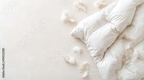 An eco-friendly eiderdown duvet is elegantly laid out on a light stone surface with soft feathers peeking from one corner. This calming arrangement creates a serene and inviting atmosphere