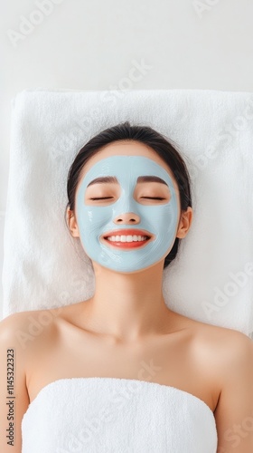 A cheerful Asian woman lies peacefully on a white towel enjoying a hydrating blue facial mask. The bright and minimalist spa room provides a serene atmosphere enhancing her relaxation