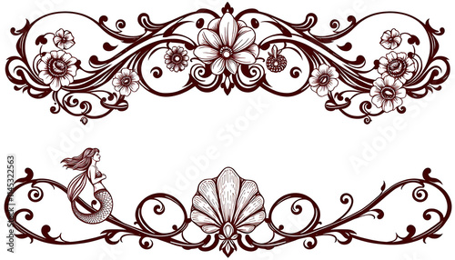PNG transparent vintage vignettes with floral swirls, mermaid and seashells, antique nautical decorative element as black outline isolated, flat design, with white tones