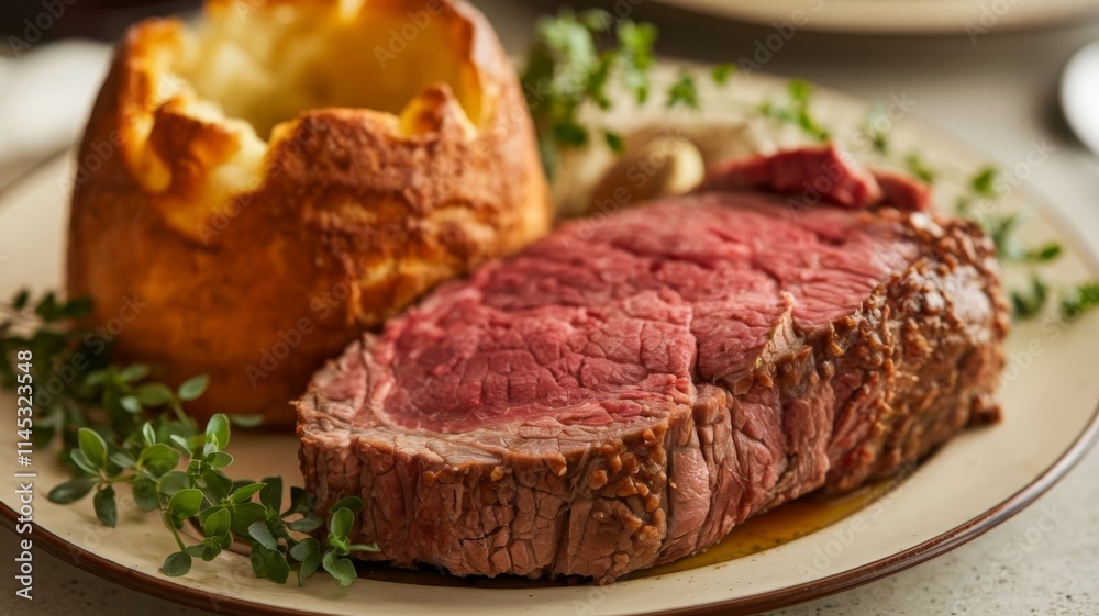 Traditional Sunday roast beef dinner with Yorkshire pudding, shallow depth of field for food styling Traditional Sunday roast beef dinner with Yorkshire pudding, shallow depth of field for food styling