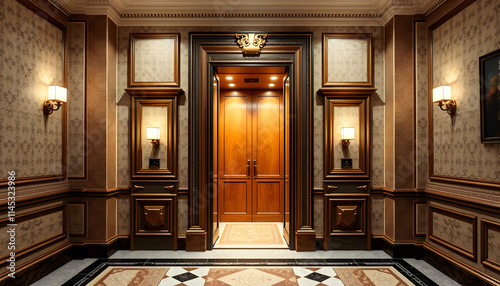 Antique style, hall and doors of a classic elevator in an old-fashioned hotel or palace, simple style, with white tones