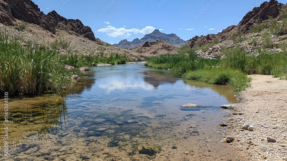 Calm river reflecting mountains under a blue sky. Calm river reflecting mountains under a blue sky.