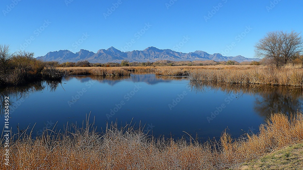 Calm lake reflecting mountains under a clear blue sky. Calm lake reflecting mountains under a clear blue sky.