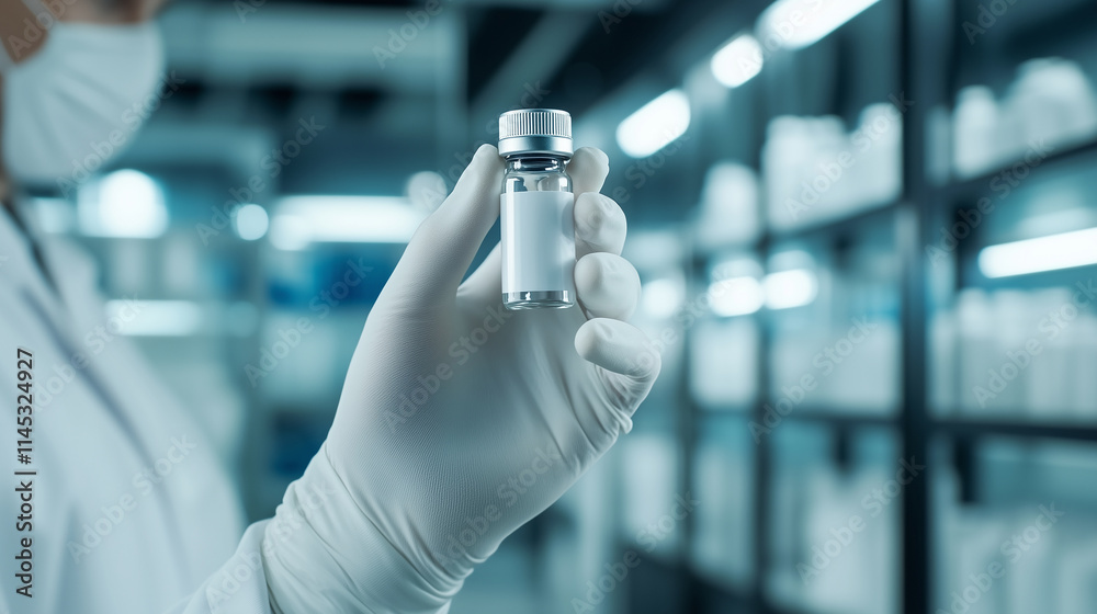 A male worker in a white protective suit and gloves, holding a vial of liquid medicine in a modern, well-lit pharmaceutical lab A male worker in a white protective suit and gloves, holding a vial of liquid medicine in a modern, well-lit pharmaceutical lab