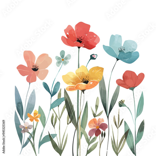 A watercolor clipart of spring flowers swaying in the breeze, isolated on a white background. Spring flowers swaying vector.
