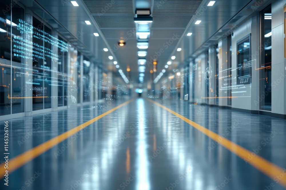 Futuristic hallway with digital projections in a modern building at night Futuristic hallway with digital projections in a modern building at night