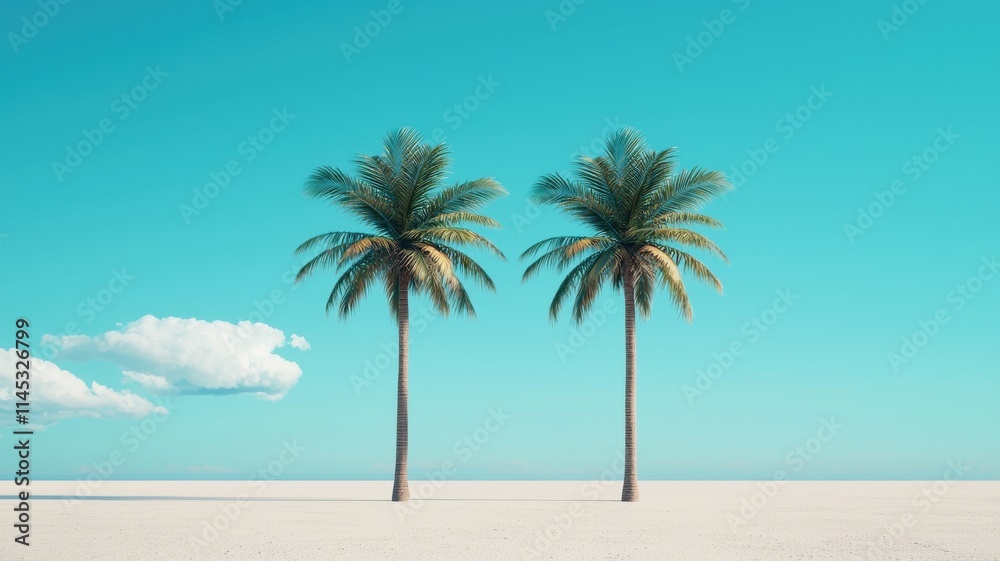 Obraz premium Idyllic Tropical Beach Scene Twin Palm Trees Turquoise Sky White Sand
