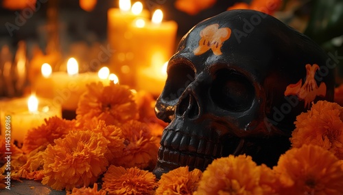 Black Skull Surrounded by Marigolds and Candles