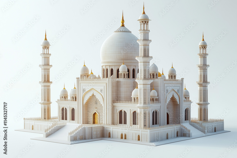 Obraz premium A 3D-rendered mosque with domes and minarets influenced by Mughal architecture, resting on a white blank background. The intricate yet minimal details reflect historical richness.