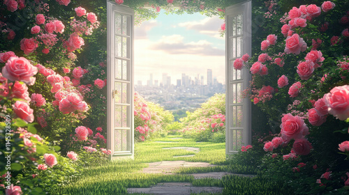 Fototapeta Naklejka Na Ścianę i Meble -  A dreamy garden with open white doors, pink roses in full bloom and green grass