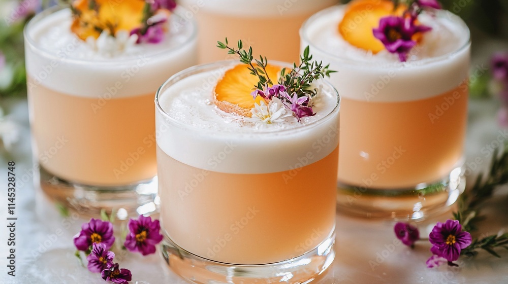 Three peach cocktails garnished with edible flowers and thyme. Three peach cocktails garnished with edible flowers and thyme.