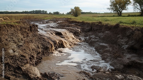 Muddy water flows through a ditch in a field.  The water is brown and murky, and there is mud on the banks of the ditch.  Green fields and trees are in the background.