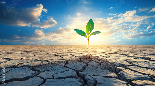 A small green plant sprouts from the cracked earth of an empty desert, with a blue sky and bright sunshine in the background