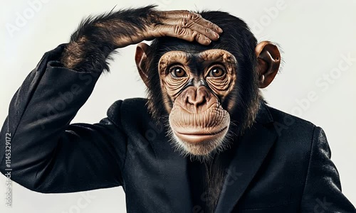 Chimpanzee with jacket in front of white background
