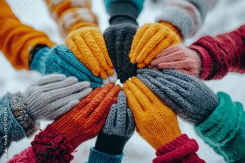 Colorful knitted gloves gathered in a circle on a snowy winter day during a fun outdoor gathering with friends