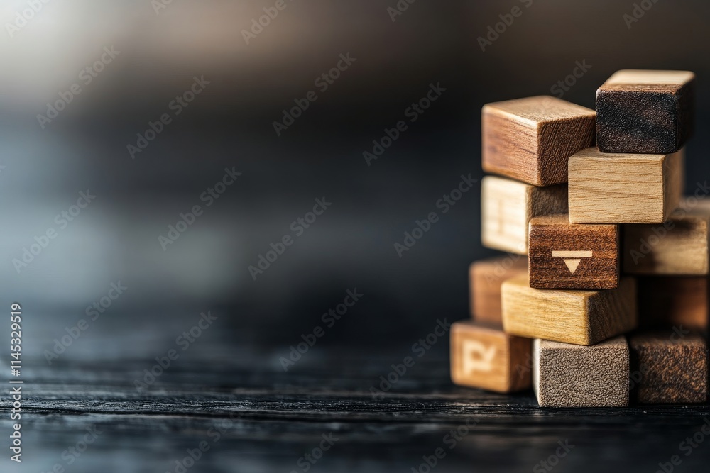 Stacked wooden blocks on a dark wooden surface showcasing various textures and colors in a creative arrangement Stacked wooden blocks on a dark wooden surface showcasing various textures and colors in a creative arrangement