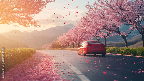 A car drives along a rural road lined with cherry trees