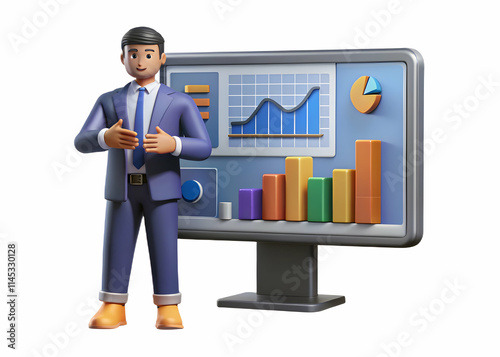 Macro portrait of logistics analyst with financial dashboard concept as Portrait close up of a logistics analyst viewing a financial dashboard on a large screen symbolizing the marginal cost of logist photo