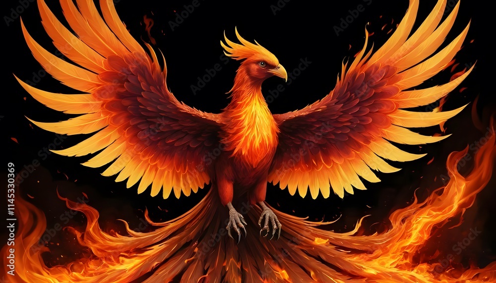 Majestic Phoenix Rising from Flames: A Digital Painting of Mythical Bird