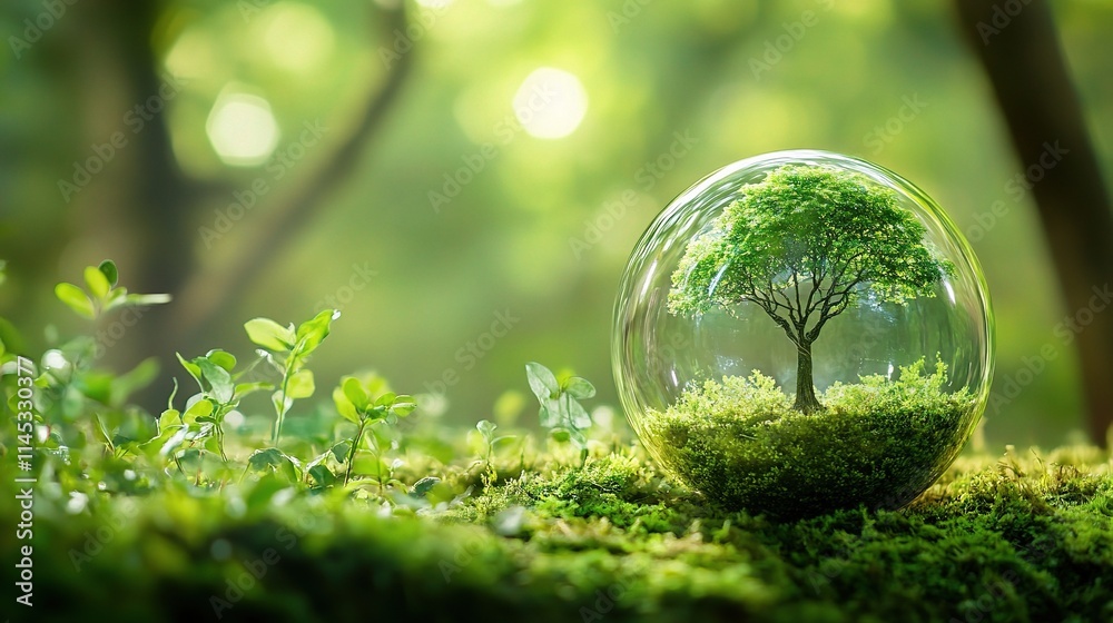Green Tree Inside Glass Globe Symbolizing Sustainable Development Green Tree Inside Glass Globe Symbolizing Sustainable Development