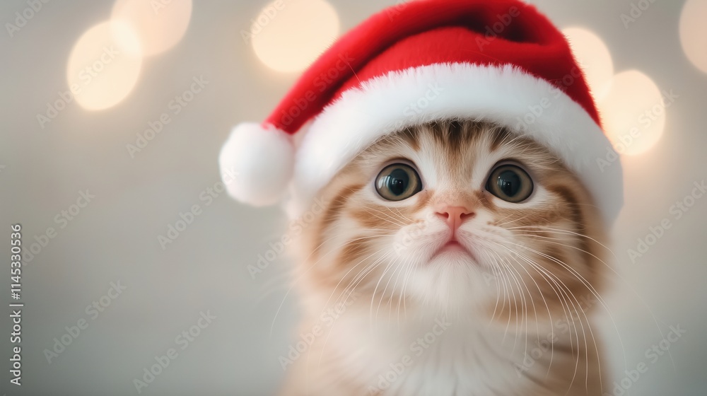 Cute Kitten Wearing Santa Hat with Bokeh Background, Adorable Christmas Feline, Festive Holiday Pet Portrait, Fluffy Cat, Winter Cheerful Animal in Soft Lighting, Endearing Seasonal Photography Cute Kitten Wearing Santa Hat with Bokeh Background, Adorable Christmas Feline, Festive Holiday Pet Portrait, Fluffy Cat, Winter Cheerful Animal in Soft Lighting, Endearing Seasonal Photography