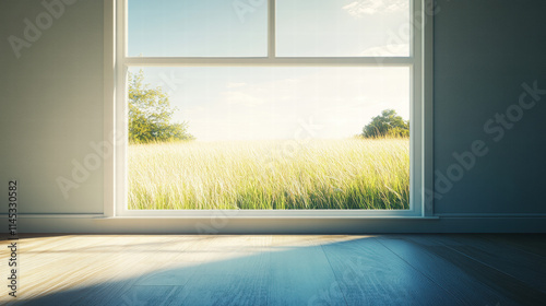 An empty room with a wooden floor and a window looking out onto a grassy field on a sunny day. Sunlight streams through the window