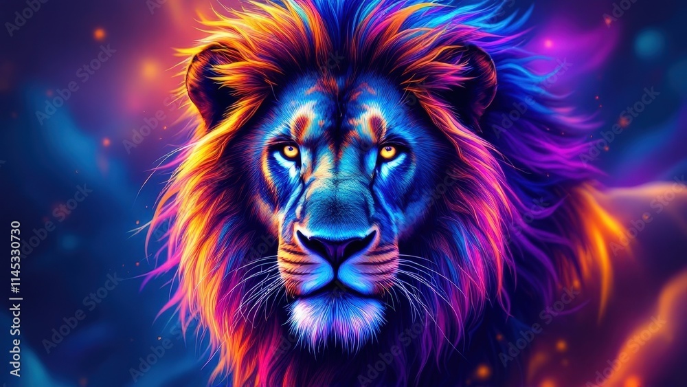 Vibrant Lion Portrait with Electric Blue and Fiery Orange Colors Vibrant Lion Portrait with Electric Blue and Fiery Orange Colors