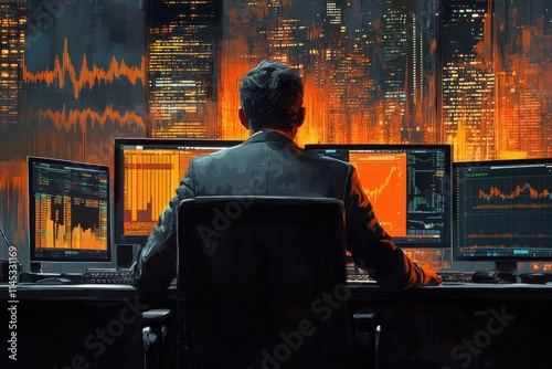 Disciplined trader observing market patterns from a futuristic office at night